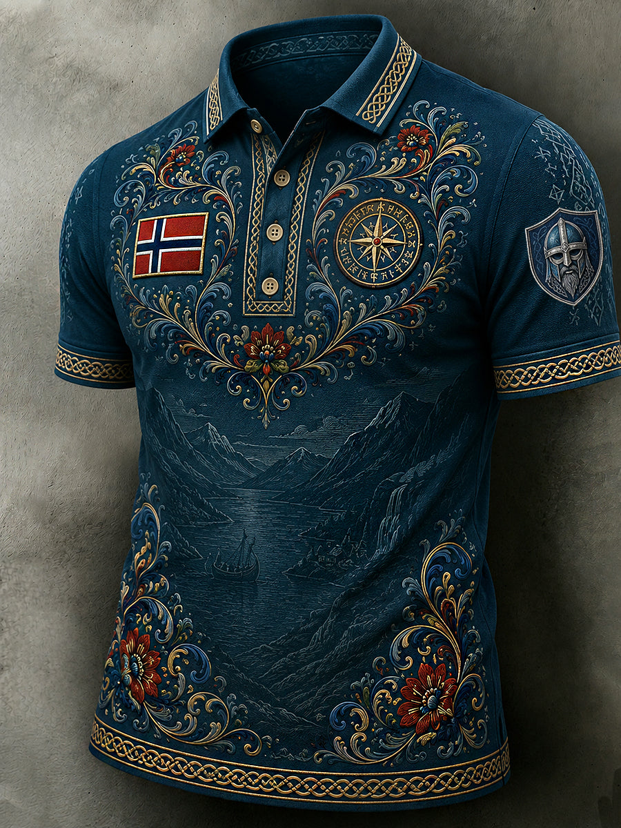 Menns retro nordisk stil norsk kunsttrykk avslappet poloskjorte