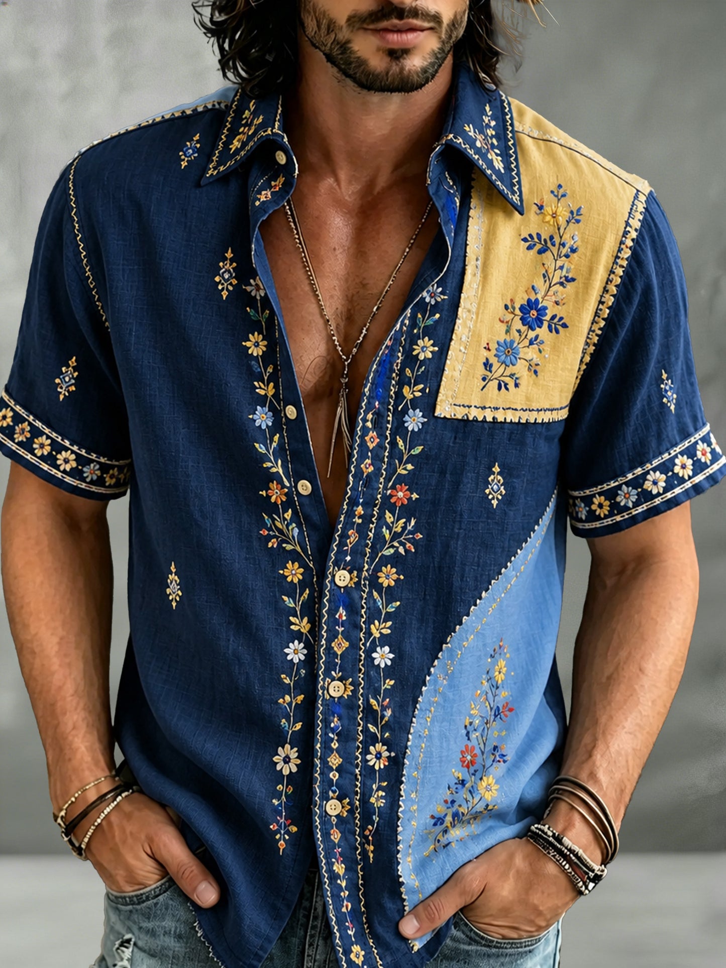 Herrskjorta med konsttryck med svensk högtidsfest, kort ärm