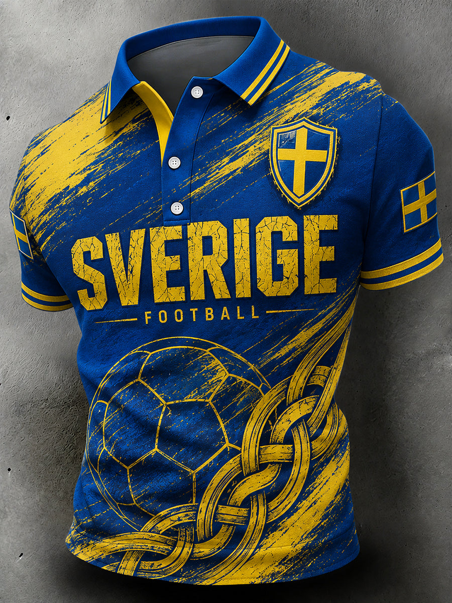 Vintage-tryckt polo med fotbollstema för svenska fans – avslappnad stil för män