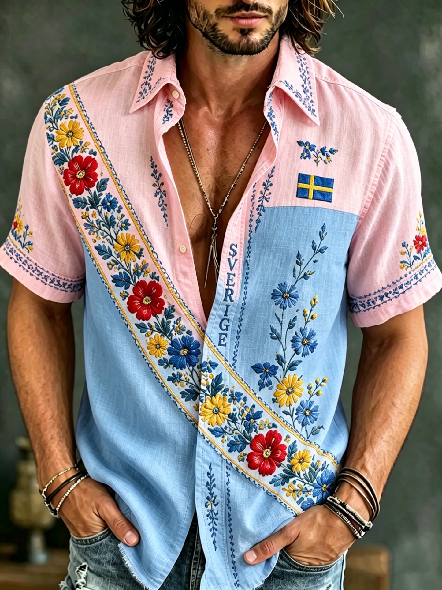 Herrskjorta med konsttryck för den svenska midsommarfesten, kortärmad