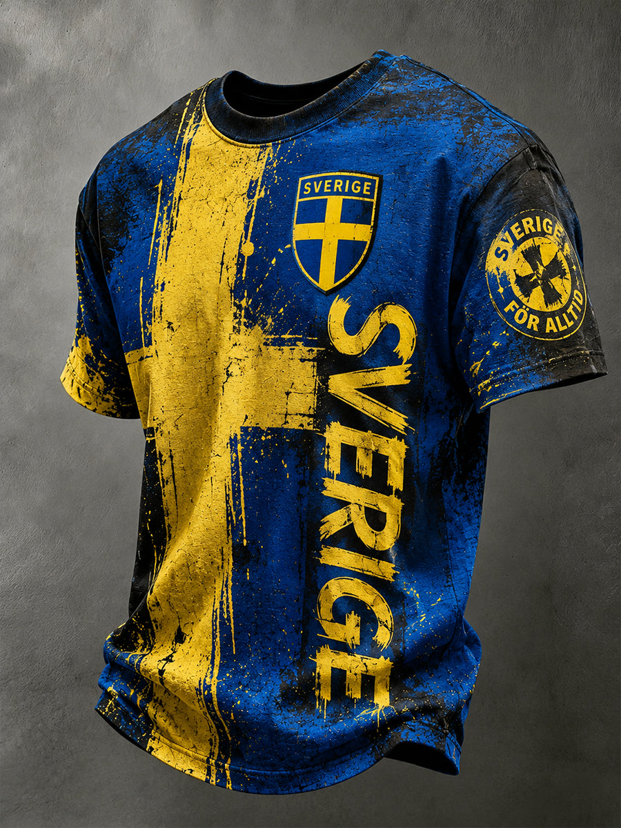 Retro svensk fotbollslandslagsflagga med emblem och t-shirt i vikingastil med korta ärmarna
