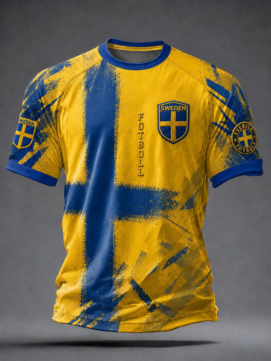 Retro Swedish Fotbollsflagg Emblem & Viking-Style Short-Shirt