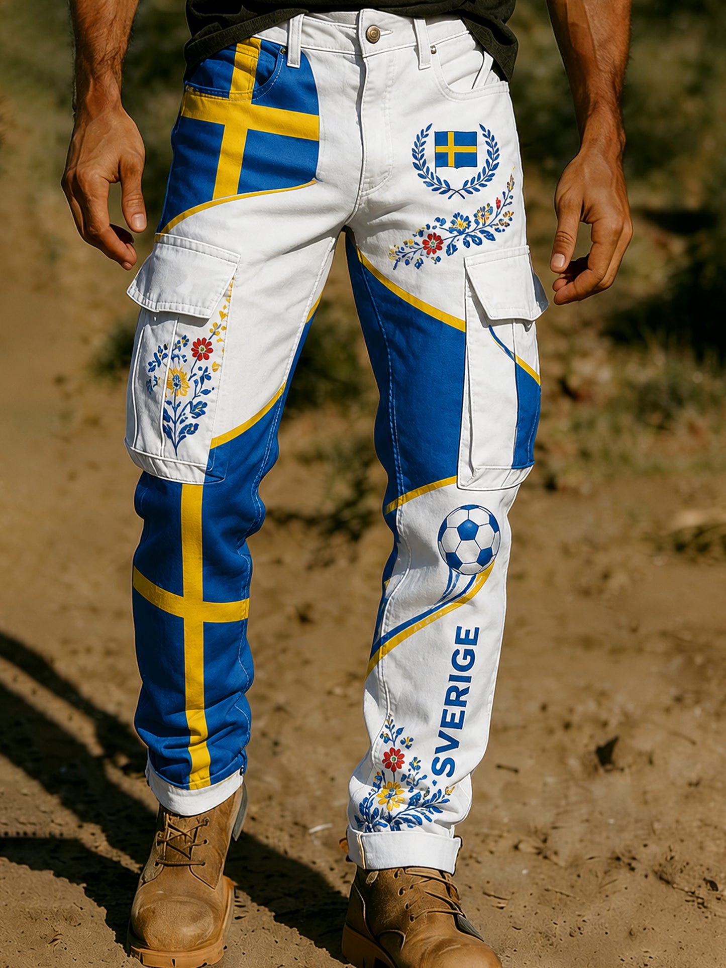 Herrbyxor med konsttryck på temat fotbollssupport för män