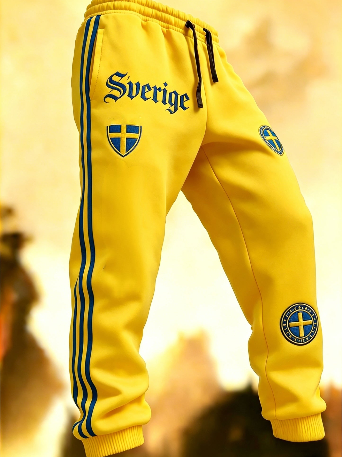 Herrbyxor i retrovikingstil med svensk fotbollsflagga som detalj, avslappnad stil