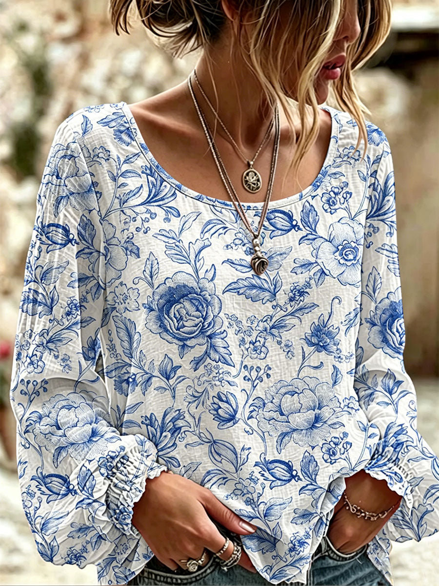 Kvinnors blå och vit blomster Print Casual T-shirt