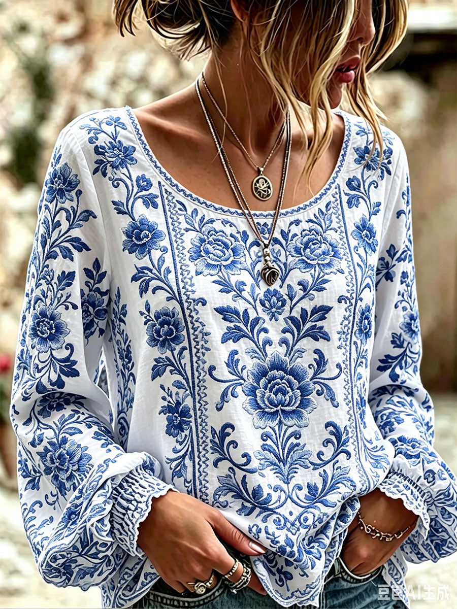 Kvinnlig blå och vit casual t-shirt med blommönster