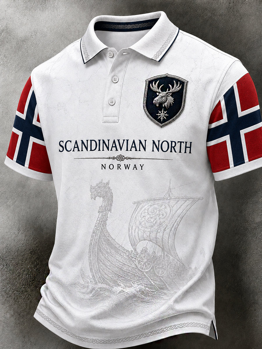 Menns retro poloskjorte i nordisk stil med norsk kunsttrykk
