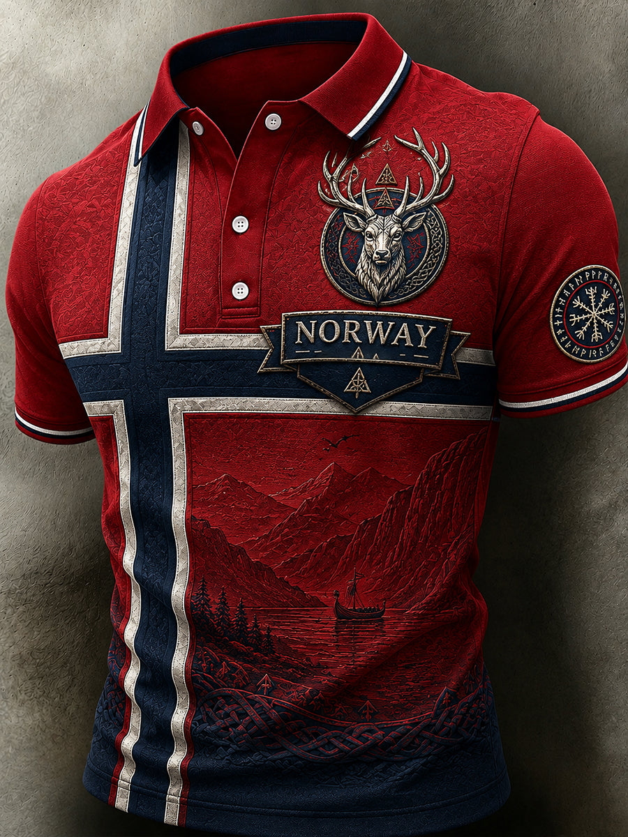 Menns retro poloskjorte i nordisk stil med norsk kunsttrykk