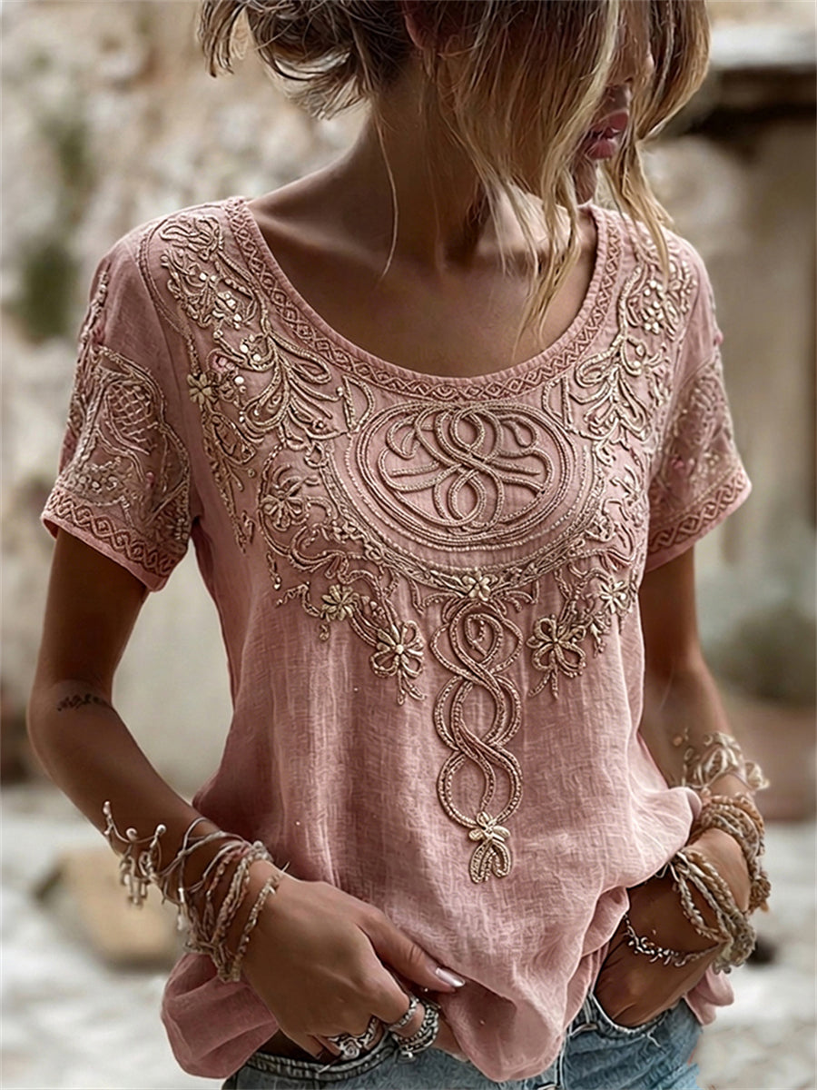 Damens Vintage Viking Celtic Knot & Floral Print linne kortärmade T-shirta