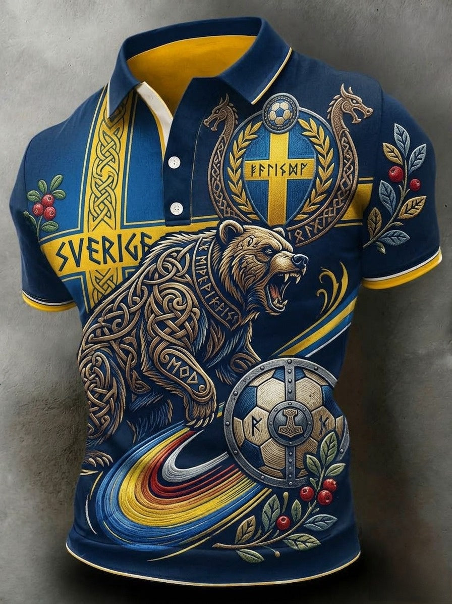 Herrpolskortärmad polo med retrotryck för svenska fotbollsentusiaster 2026