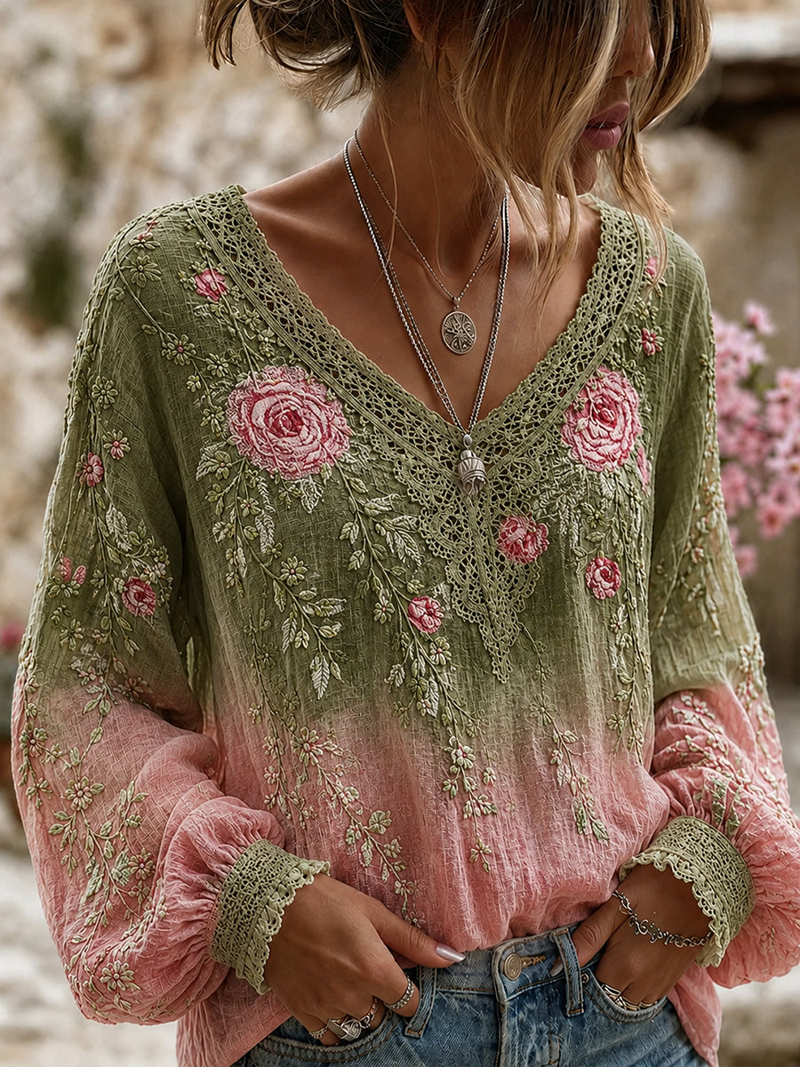 Damtröja i vintagestil med blommigt konsttryck, tillverkad i bomull och linne