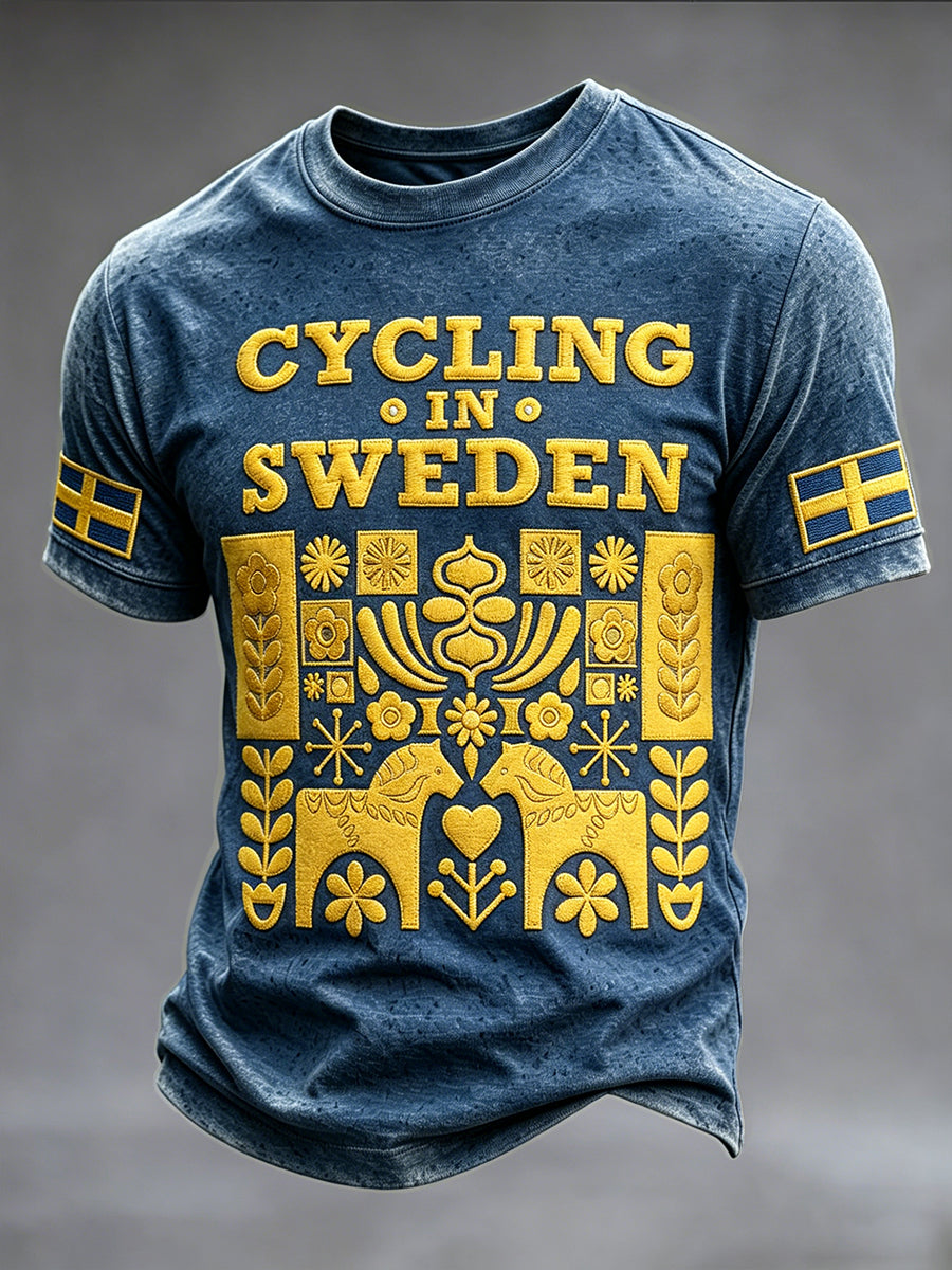 Mäns Vintage Blå Svenska Cykling Dala Häst Print Casual T-shirt