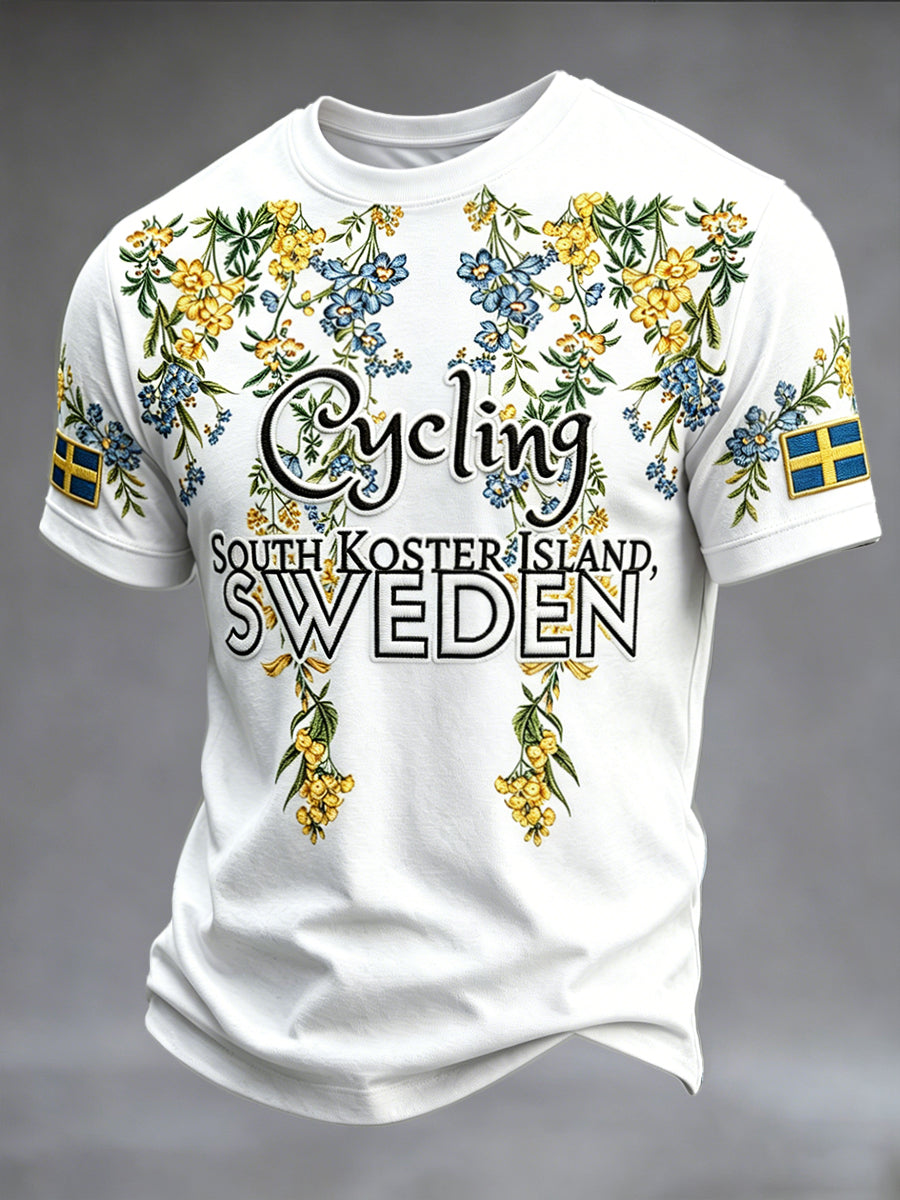 Vit Svenska Cykling Floral Print Casual T-shirt