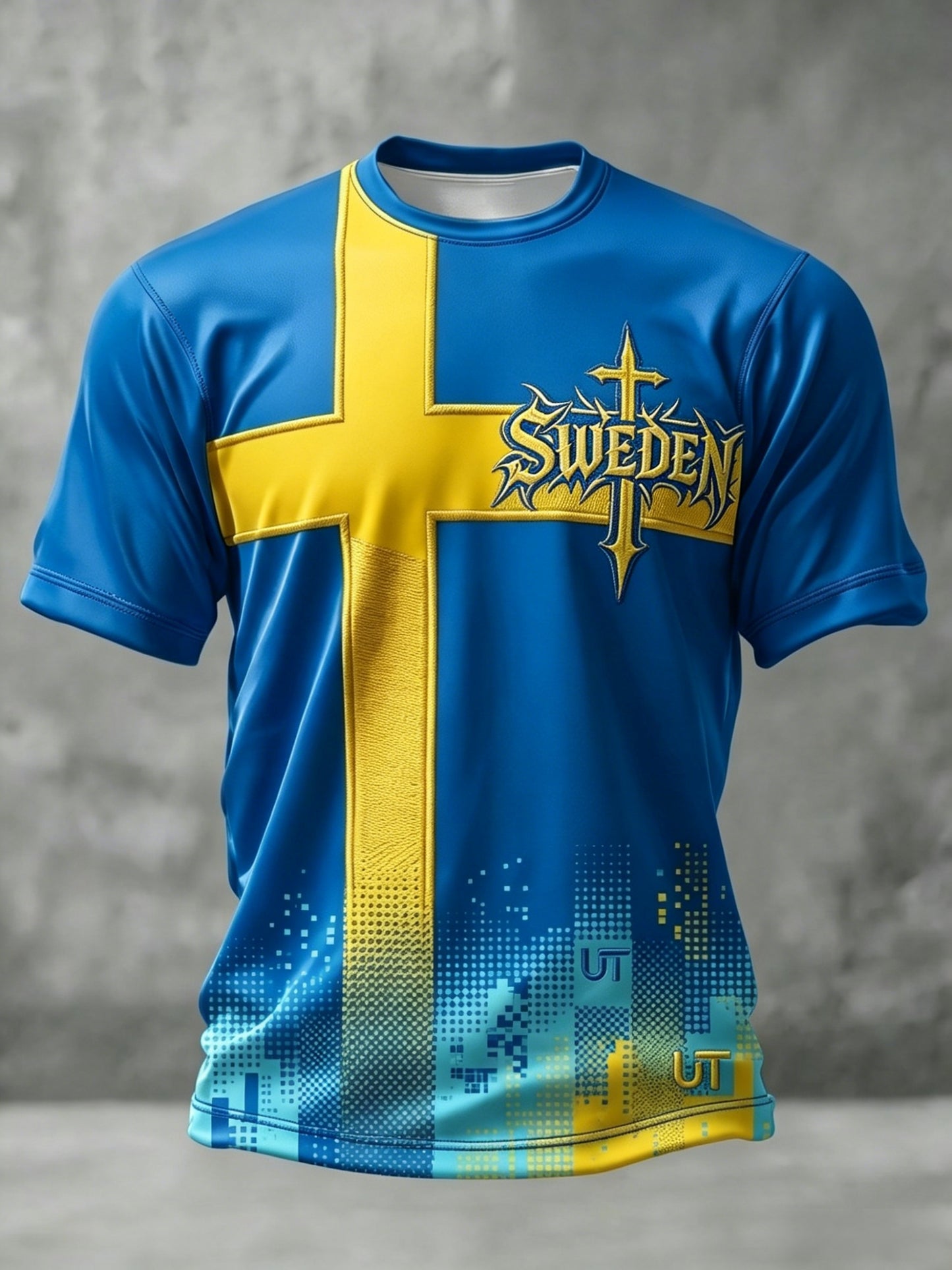 Herrtröja i retrostil med svensk fotbollsmotiv och korta ärmar, år 2026