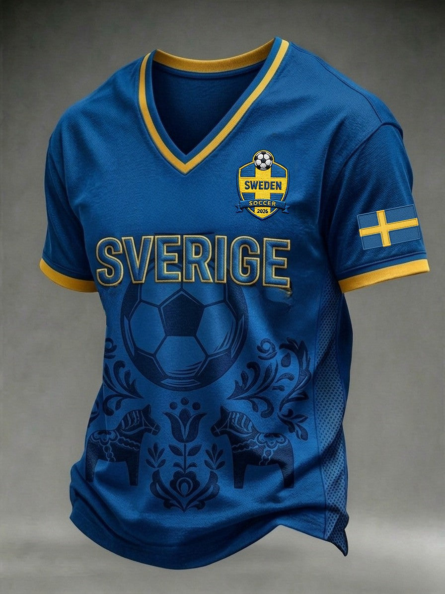 Herrar Retro Svensk Fotbollssupporter Lätt Sportig T-shirt med V-ringning