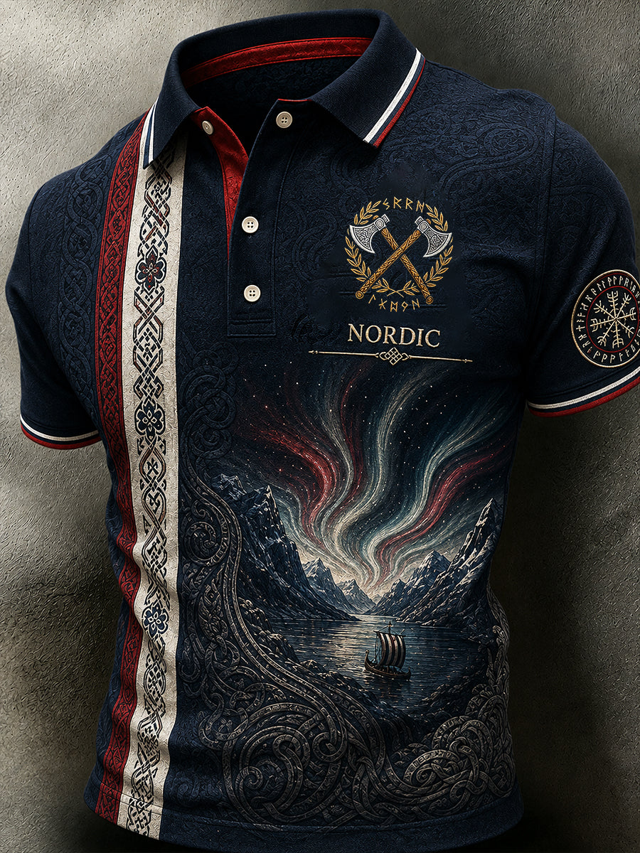 Menns retro poloskjorte i nordisk stil med norsk kunsttrykk