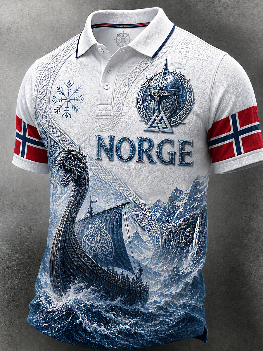 Menns retro poloskjorte i nordisk stil med norsk kunsttrykk