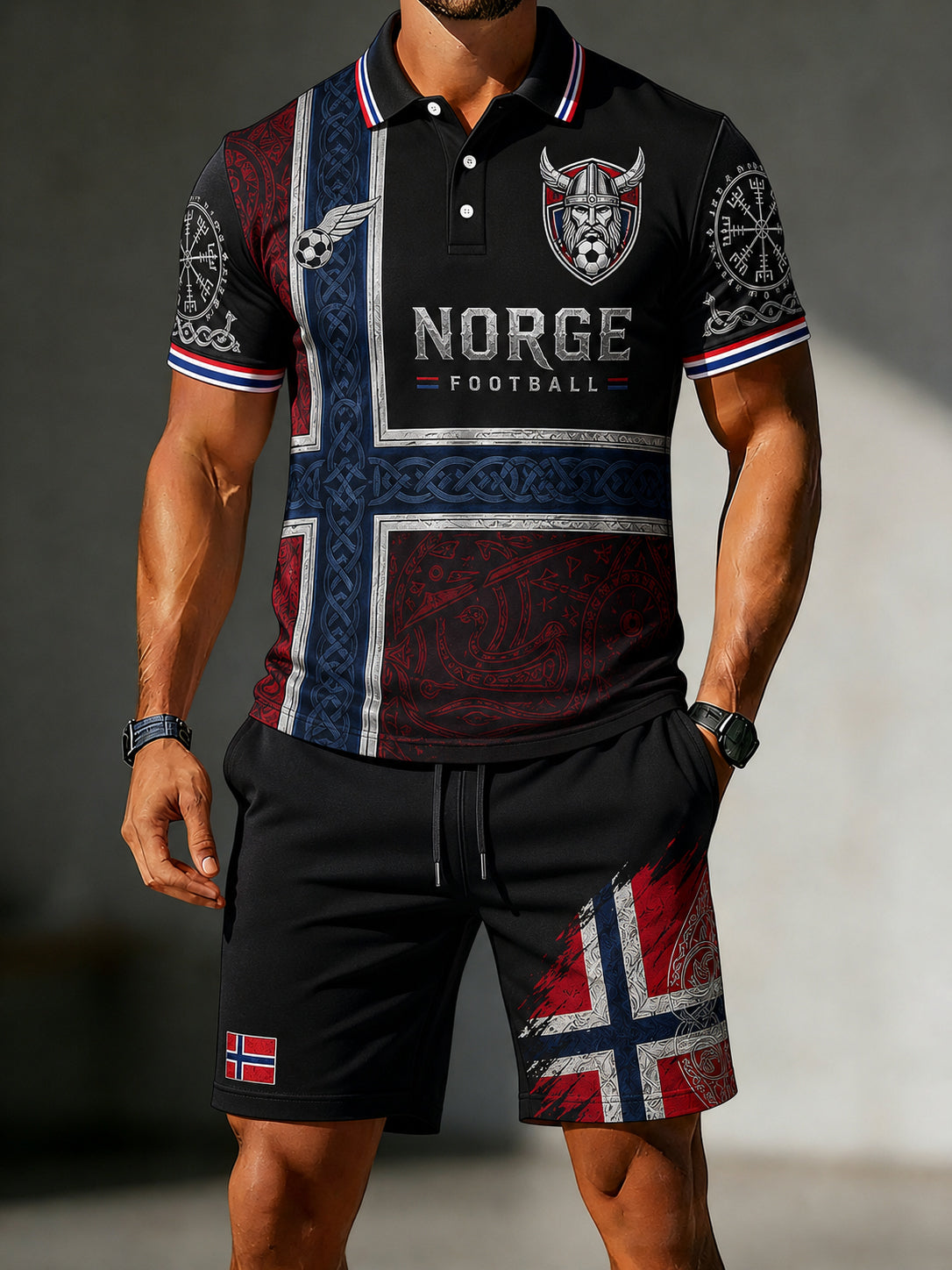 Menns retro vikingfotballprint poloskjorte med korte ermer, sett