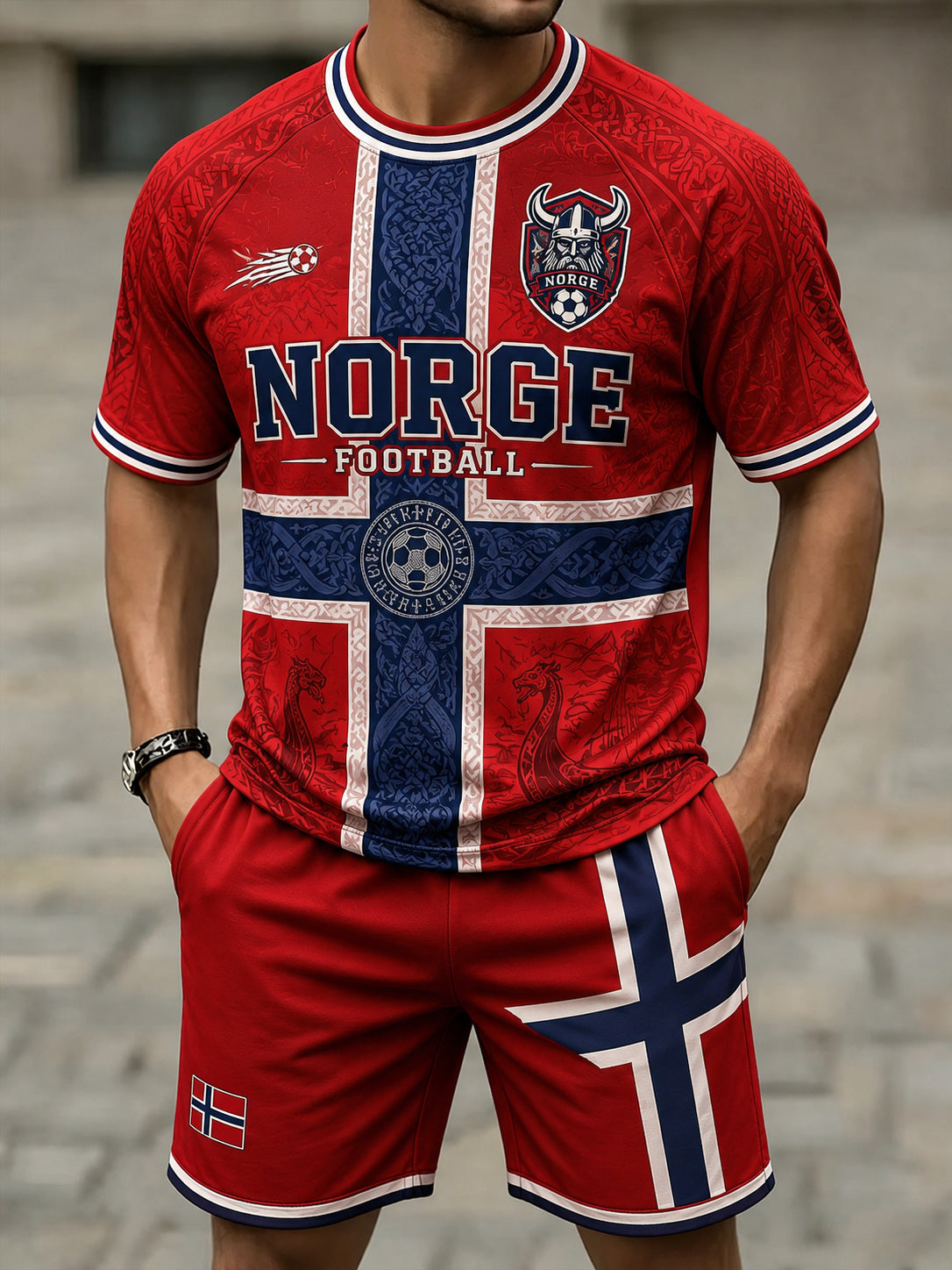 Menns Retro Viking-fotballtrykk T-skjortesett med kortermer