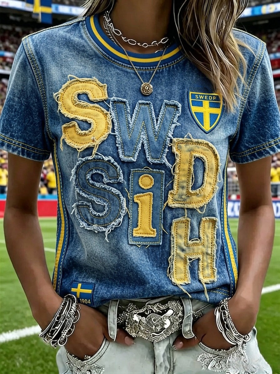 Kvinnor Retro Sverige Fotboll Lover 2026 Skriv ut Casual T-shirt