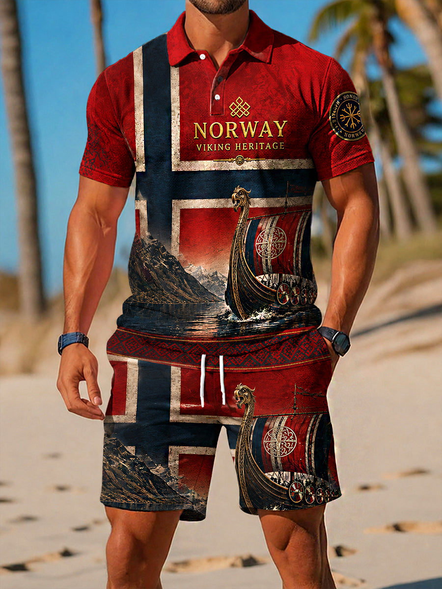 Menns Retro Nordisk-stilt to-snitt Sett: Norsk kunst Skriv ut Casual Polo og Shorts