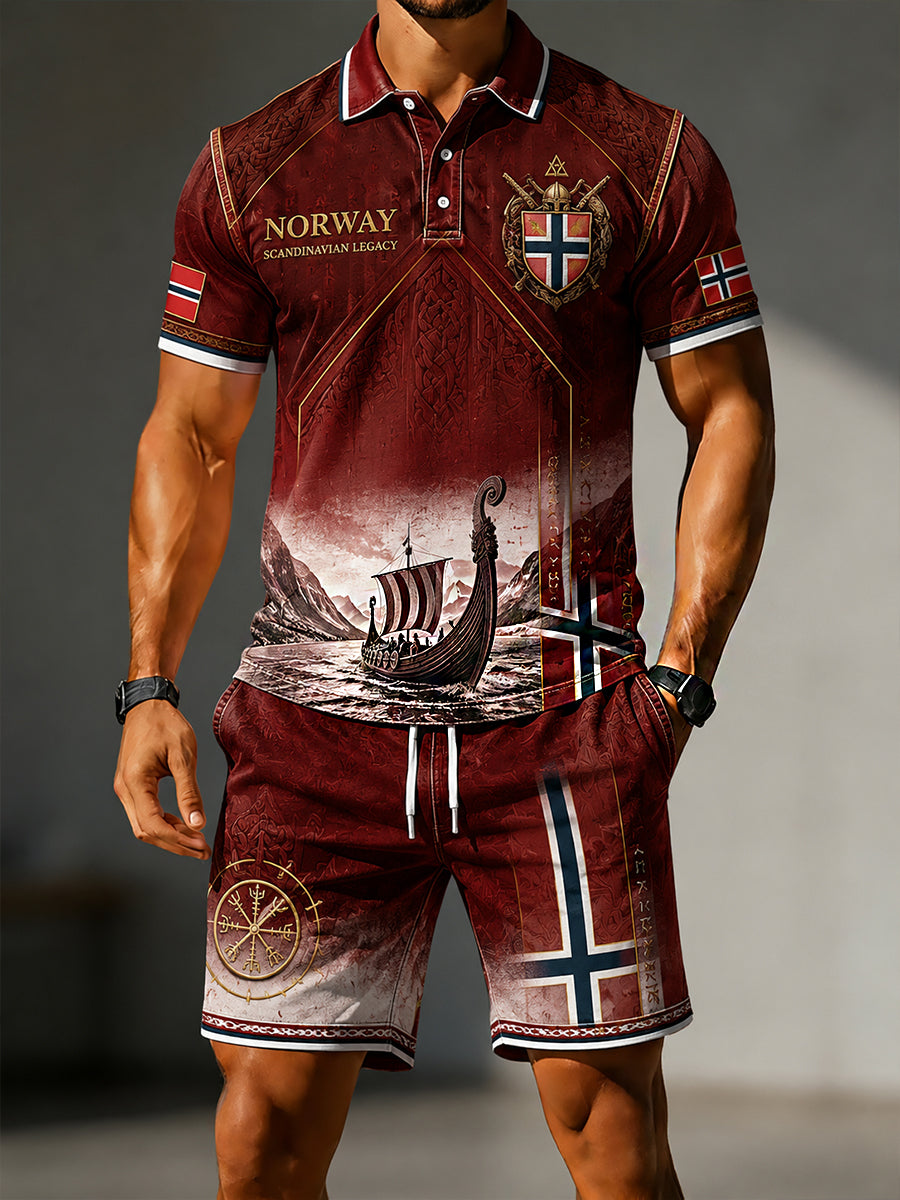 Menns Retro Nordisk-stilt to-snitt Sett: Norsk kunst Skriv ut Casual Polo og Shorts