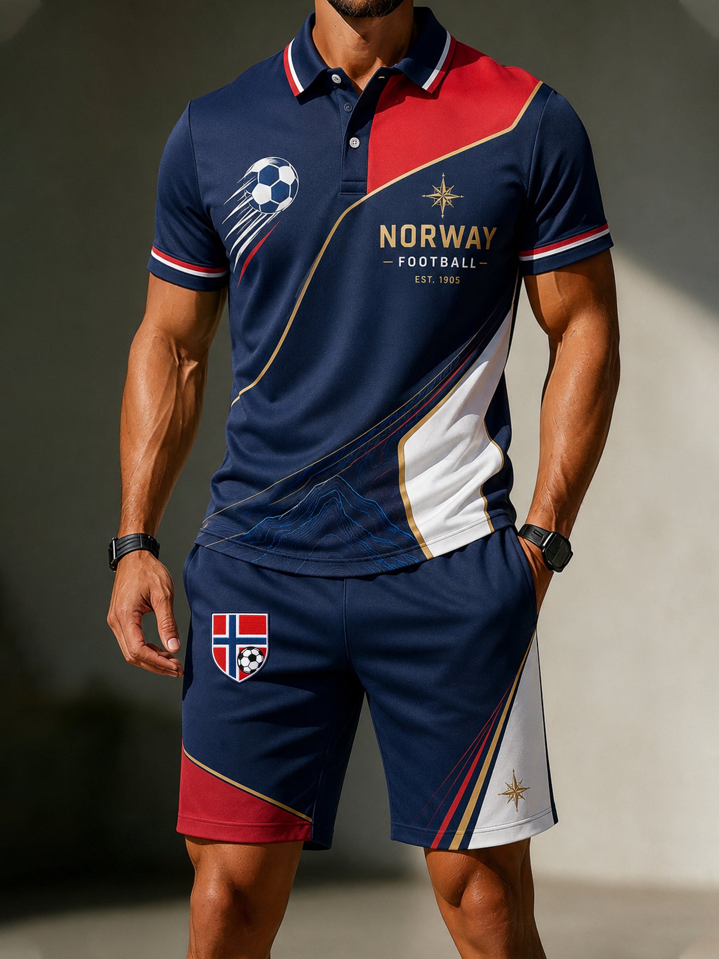 Menns Norge-fotballkamp-heiarop kunsttrykk polo-sett