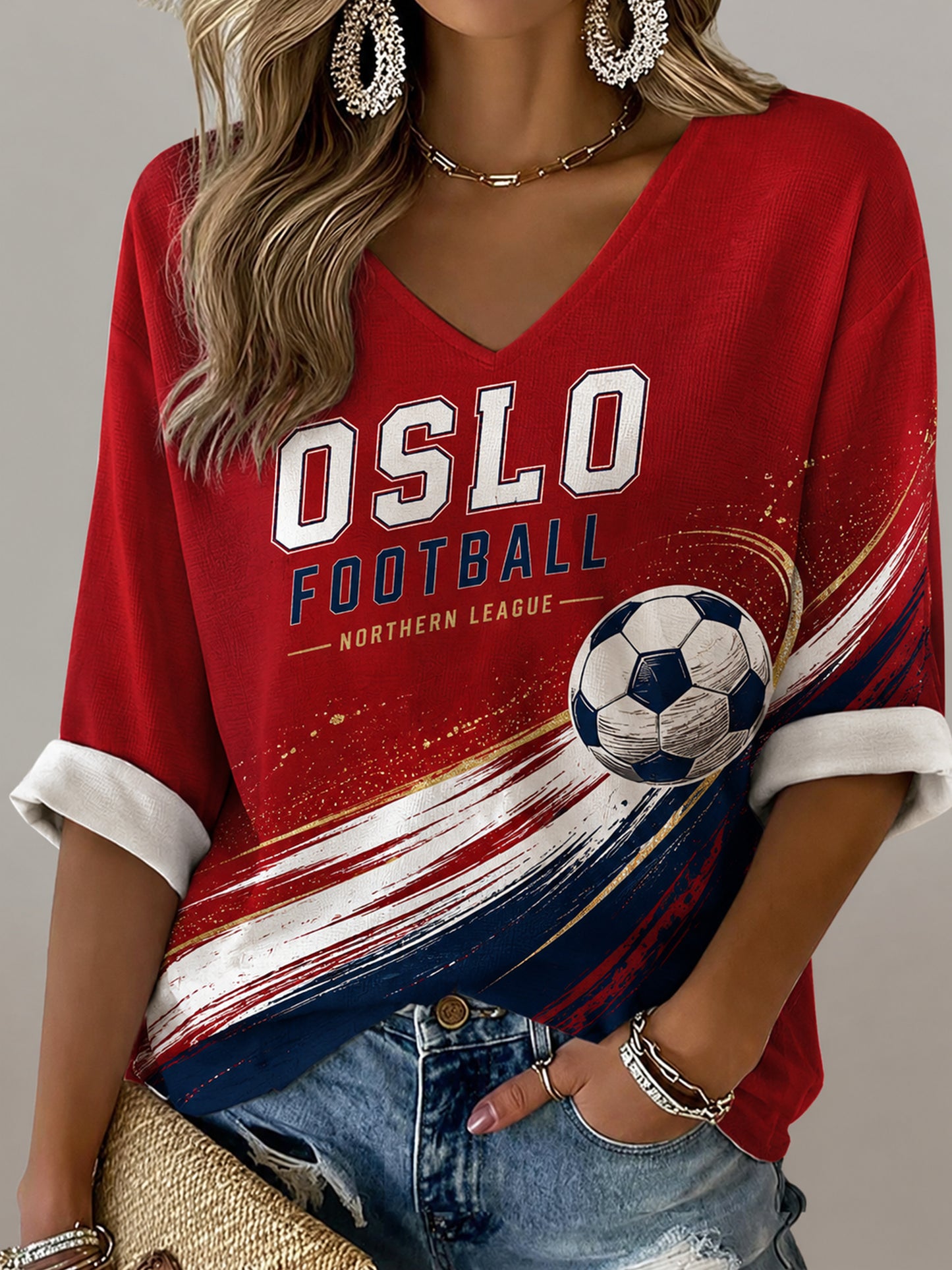 Kvinner fotballkamp jubel kunst print V-Neck øverst