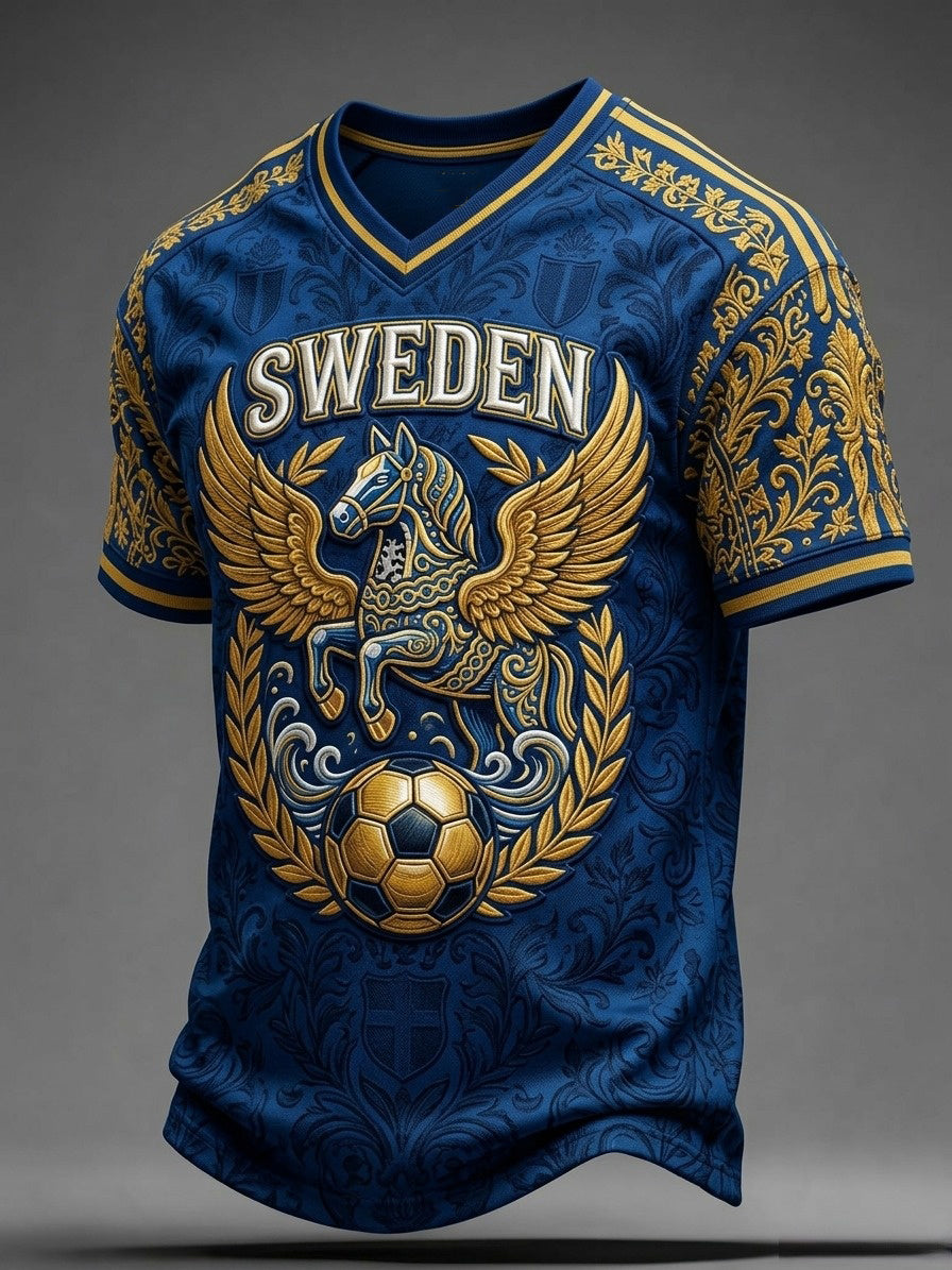 Mäns Retro Svensk fotboll älskare 2026 Skriv ut Casual V-hals T-shirt