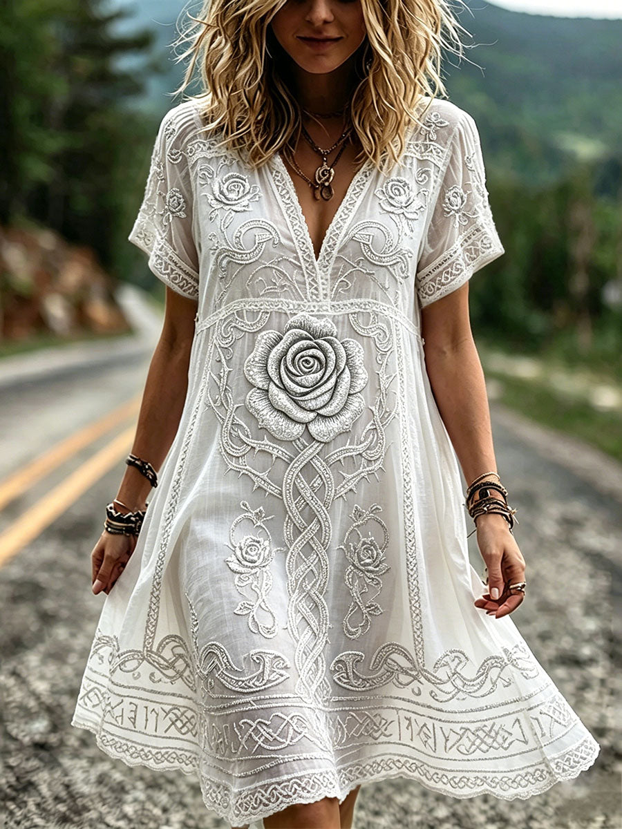 Kvinnors vikinga träd av livet Celtic Print Kort ärm Mini klänningar