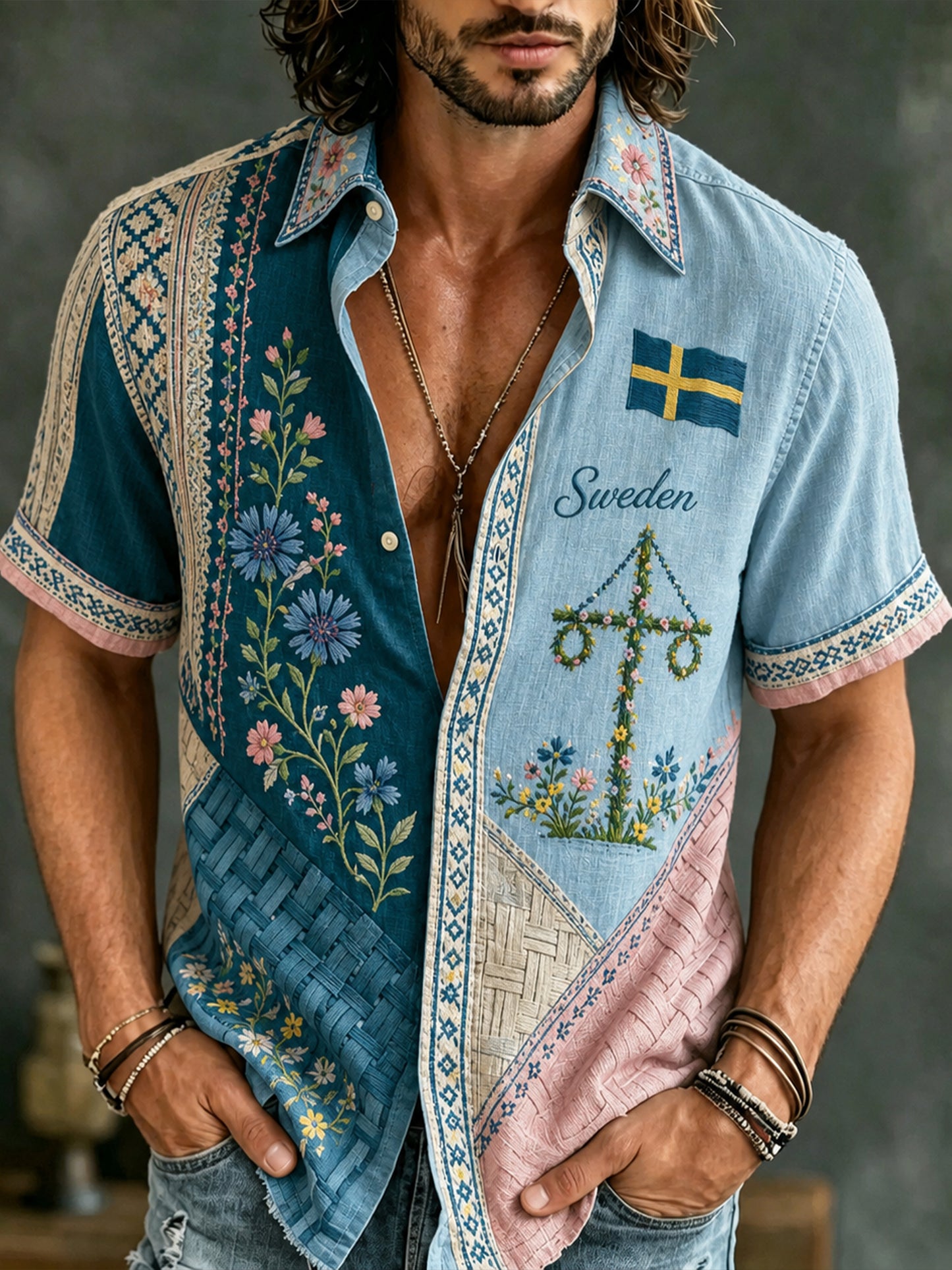 Kort ärmskjorta med konstnärlig tryck: Svenska midsommar & nationaldag minne Editi