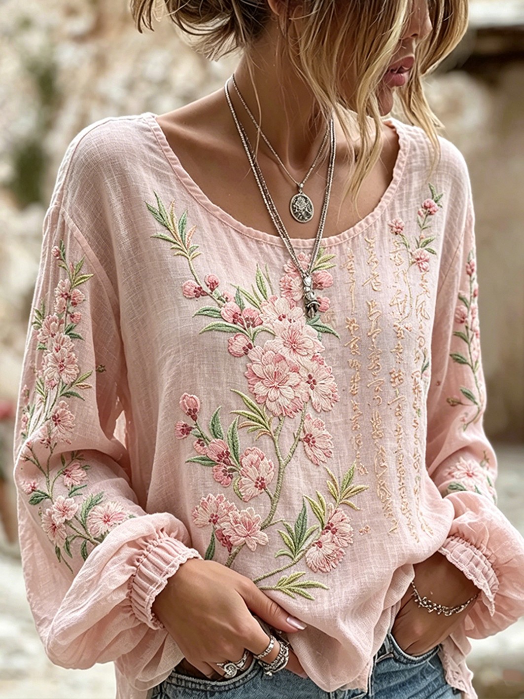 Kvinnors blomster broderier mönster tryckt Casual bomull-Linen skjorta