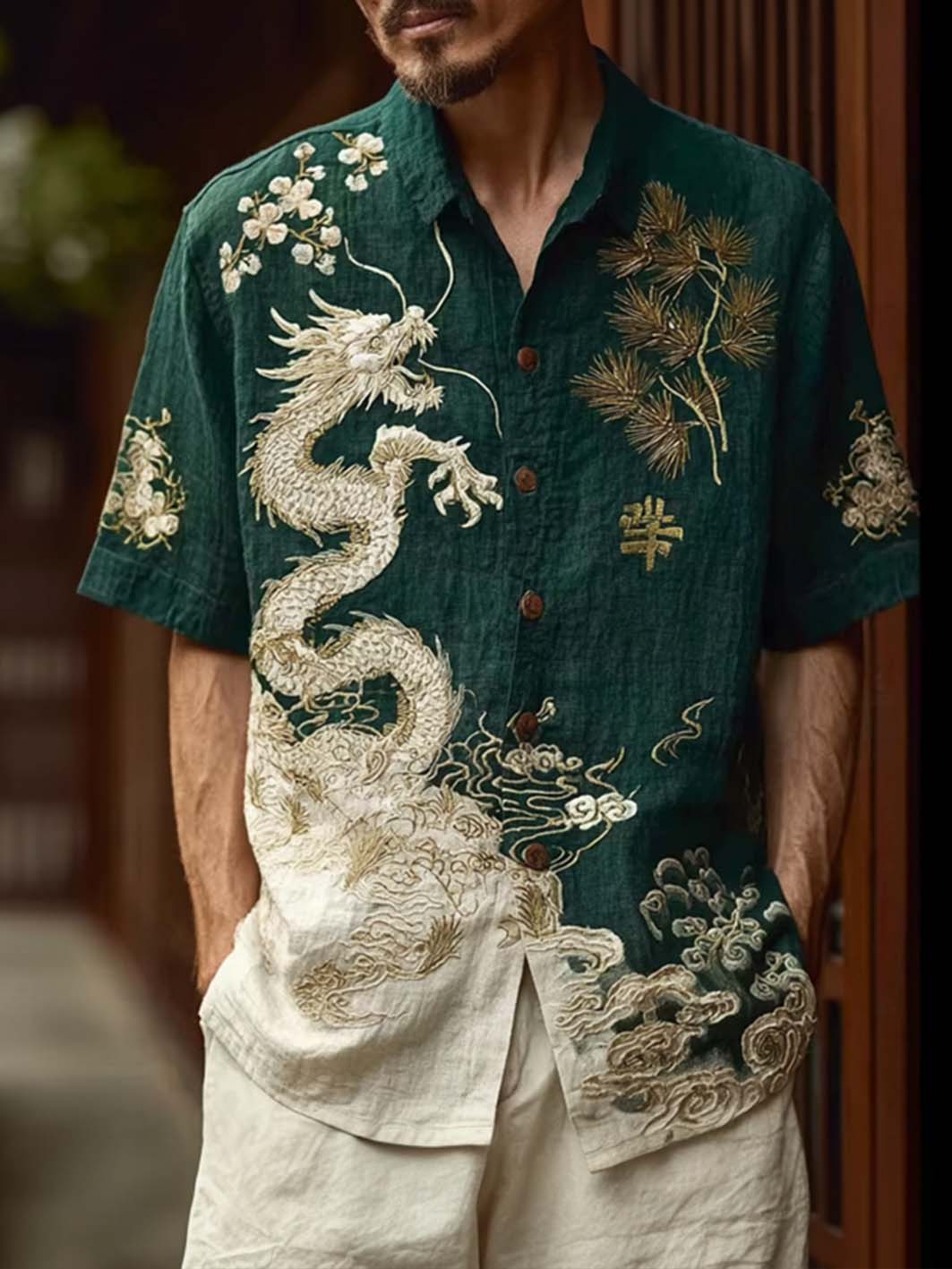Mäns japanska konst Retro Style Casual Kort ärm skjorta