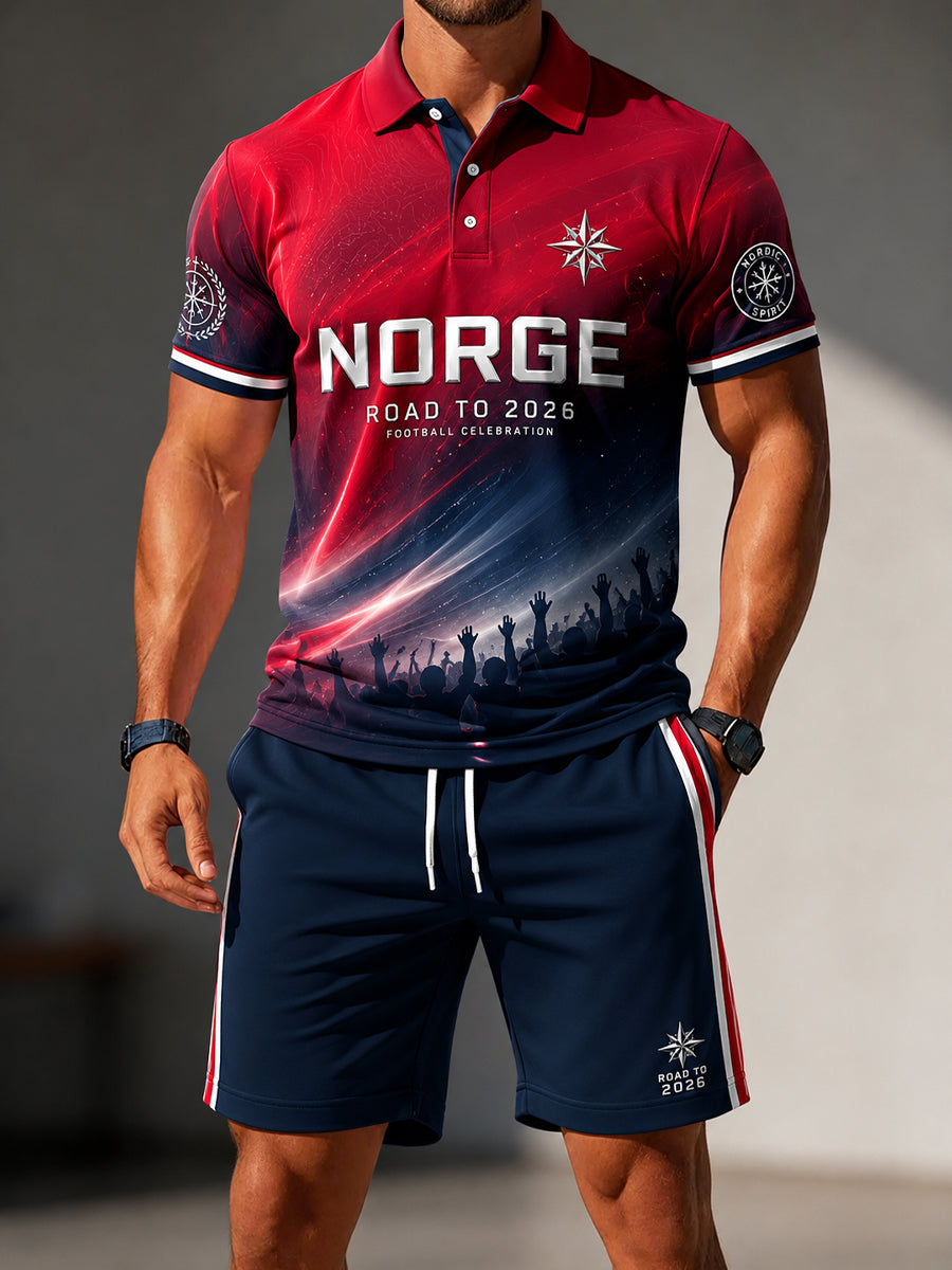 Retro norsk fotballfeiring, uformelt poloskjorte- og shortssett