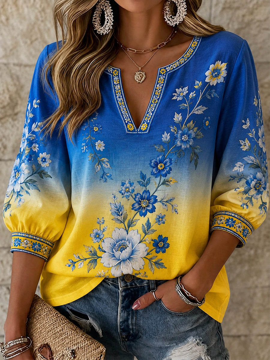 Kvinnors midsommar Floral Print V-hals topp