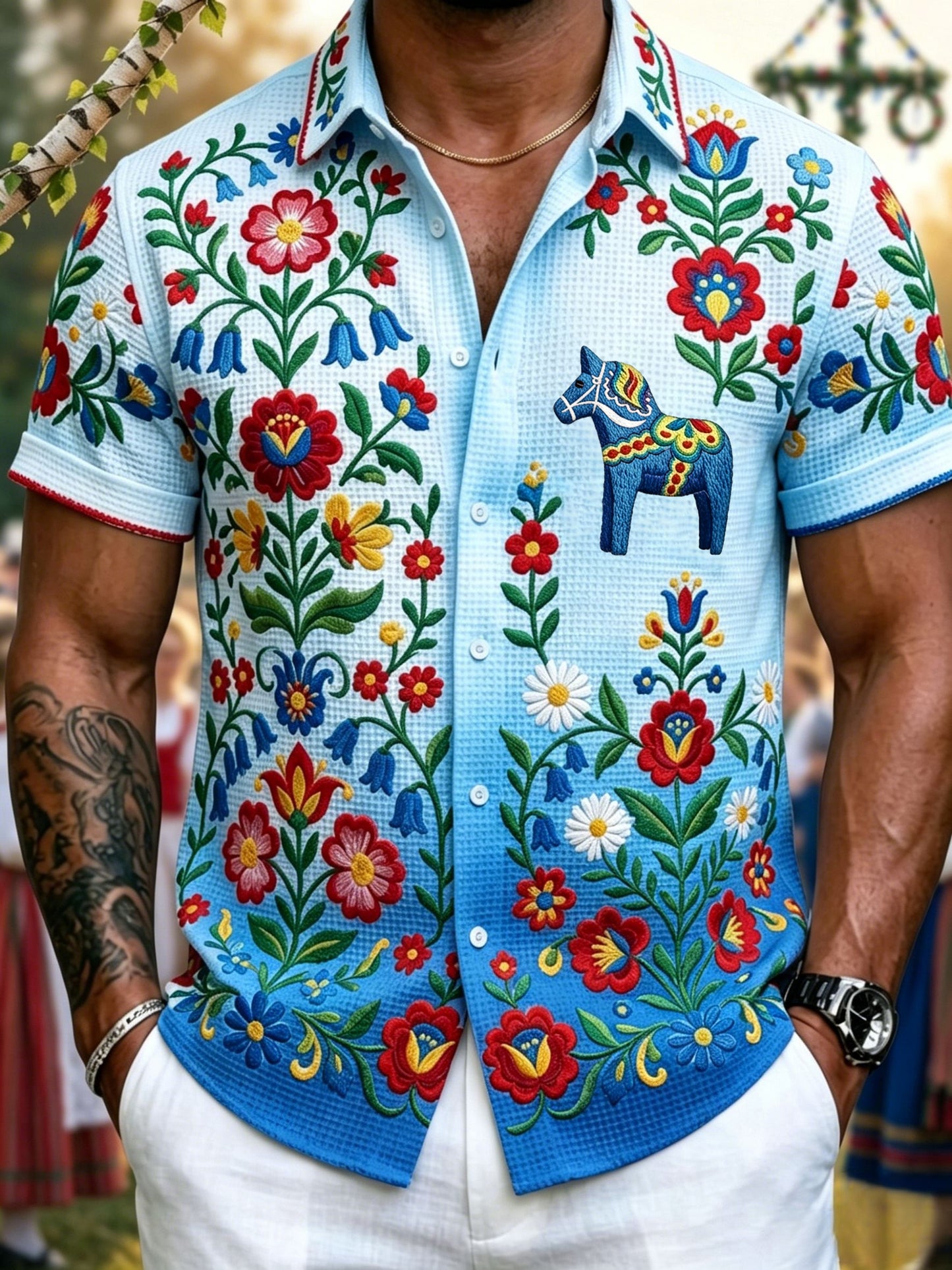 Herr Retro Svenska midsommar Folkblommis våffelskjorta