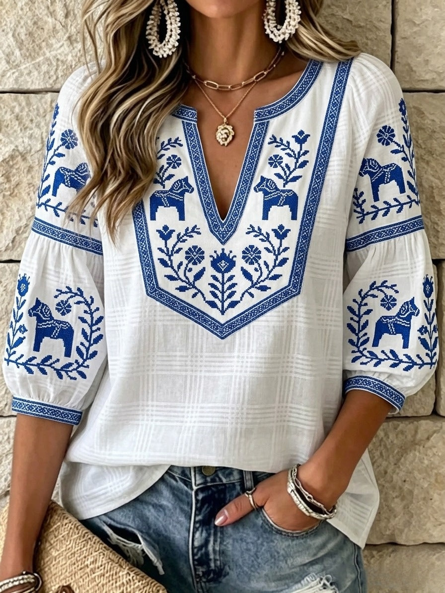 Dams Retro Svensk Midsommar Folkal Blus i Bomull-Linne