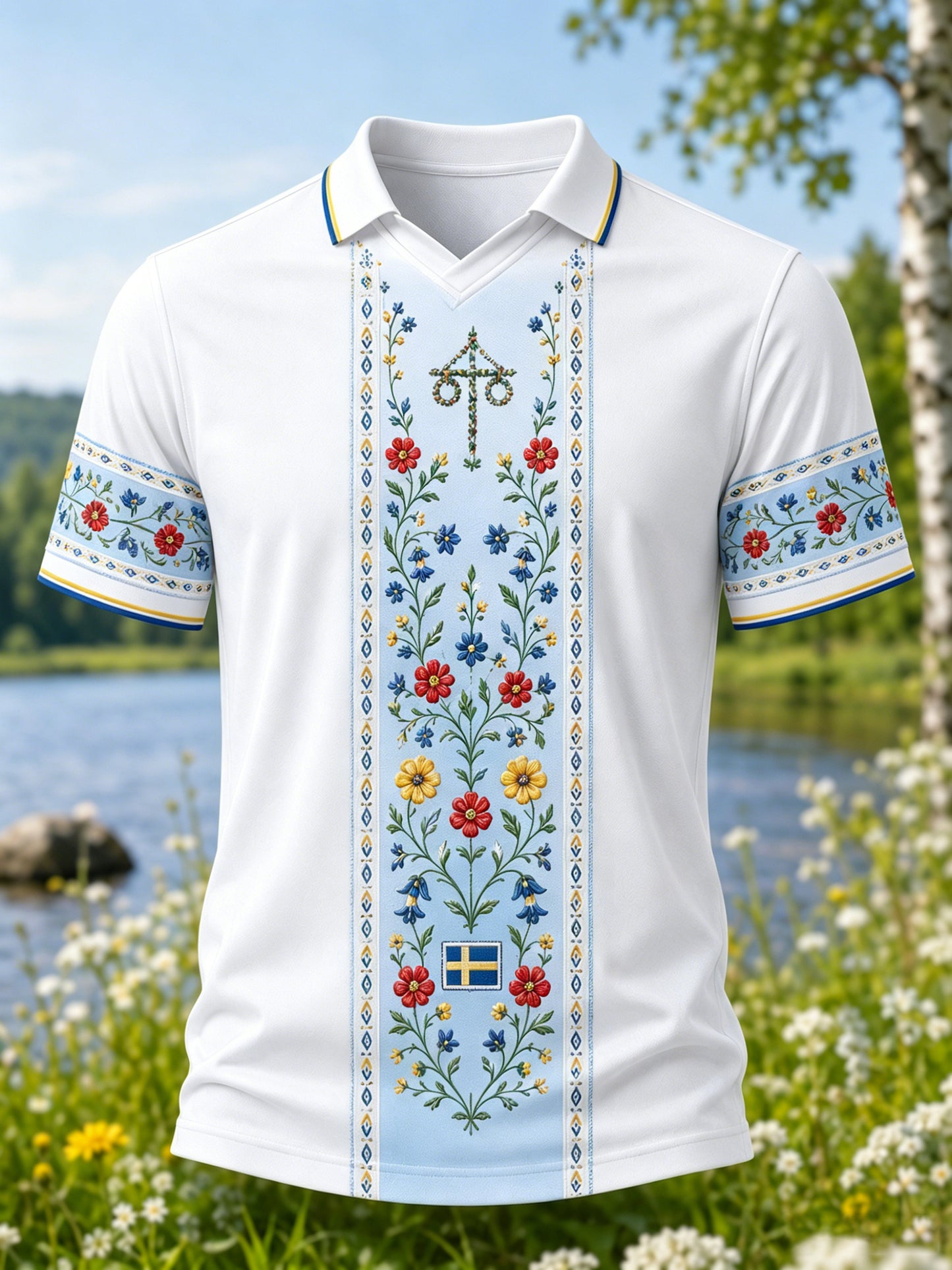 Herrpolotröja med konsttryck till minne av midsommar och nationaldagen i Sverige