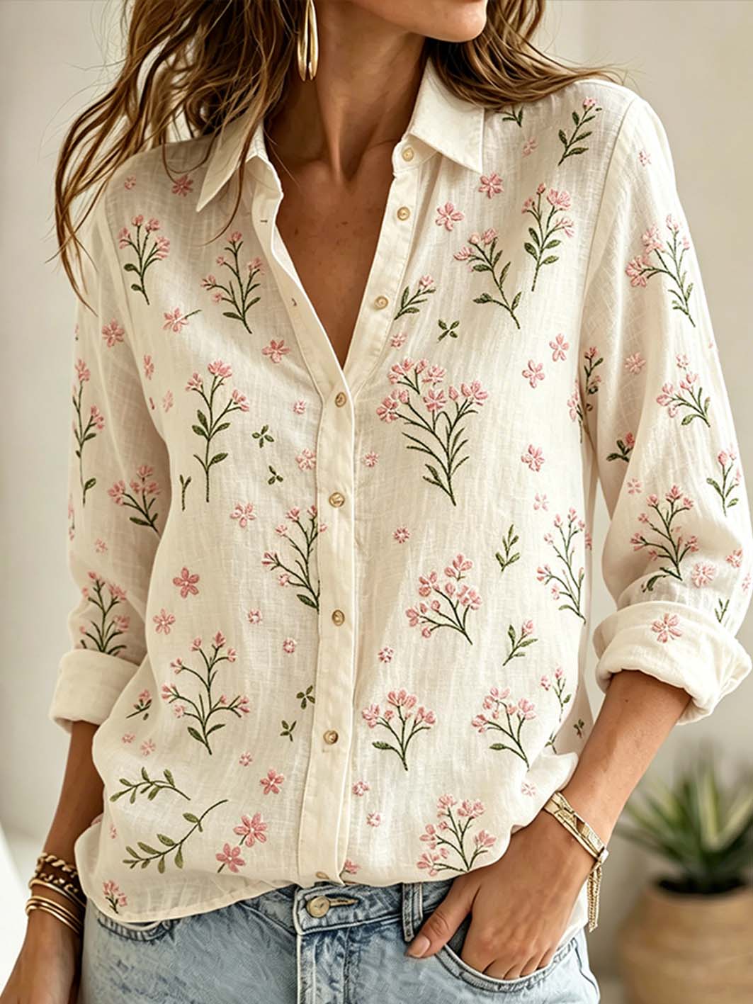 Kvinnlig skjorta i casual stil med tryckt mönster av växter och blommor samt kontrasterande färger