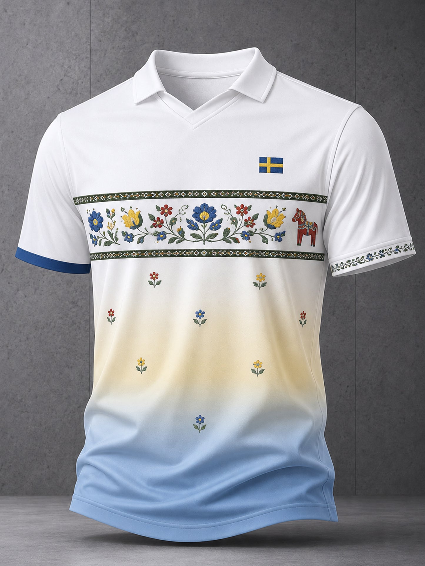 Herrtröja med V-ringning och konsttryck till minne av midsommardagen i Sverige