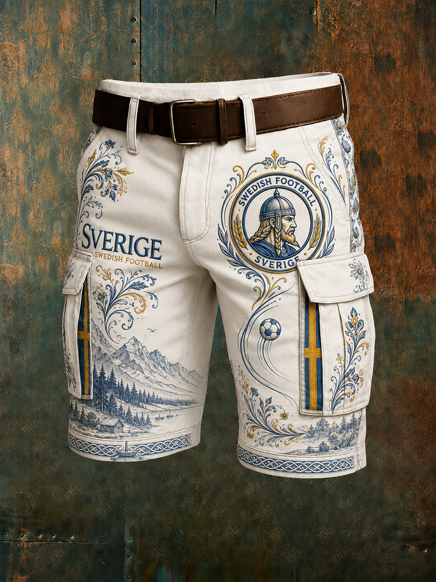 Retrodammskott för män med svensk fotbollssupporterkonst – avslappnade shorts