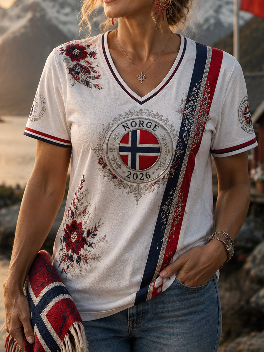 Kvinner Retro norsk blomsterkunst Casual V-hals T-shirt