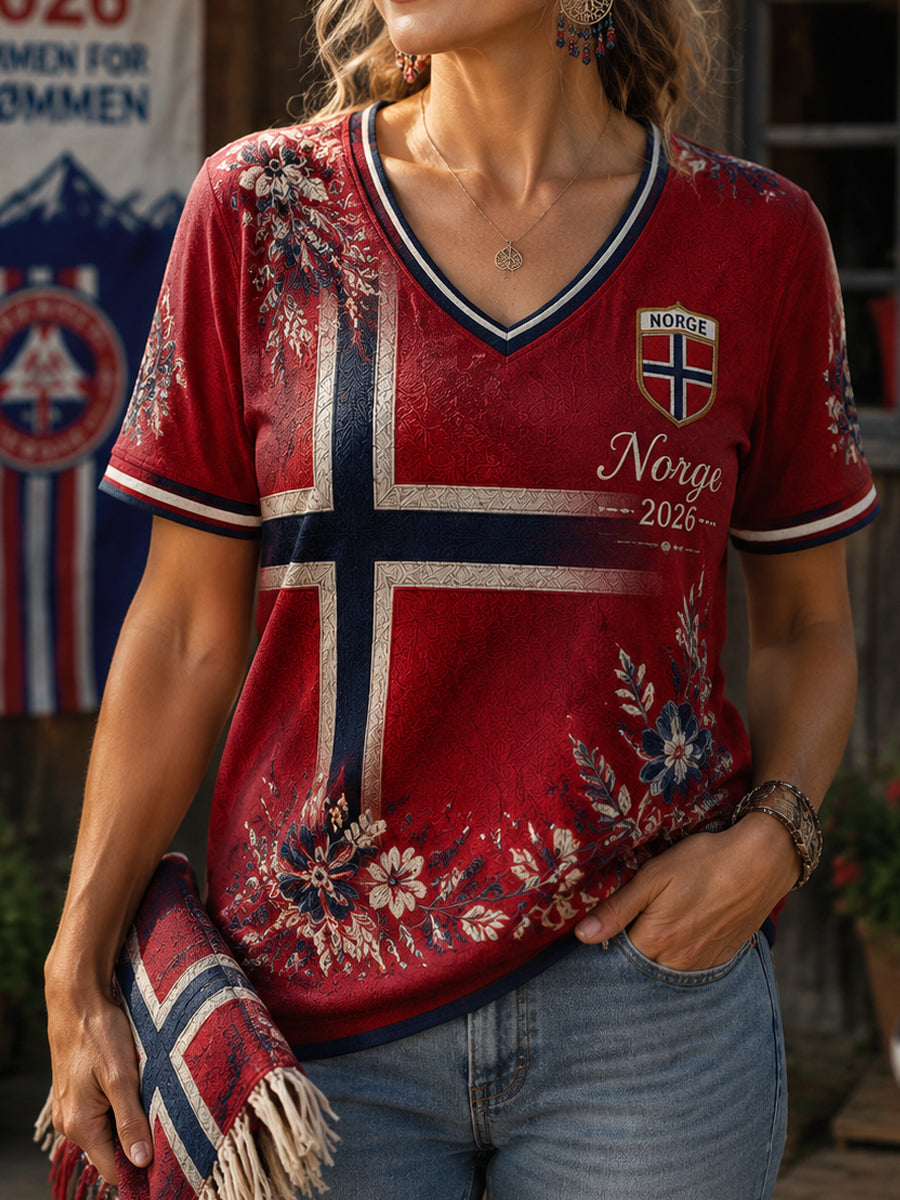 Kvinner Retro norsk blomsterlapper tilføyelig V-hals T-shirt