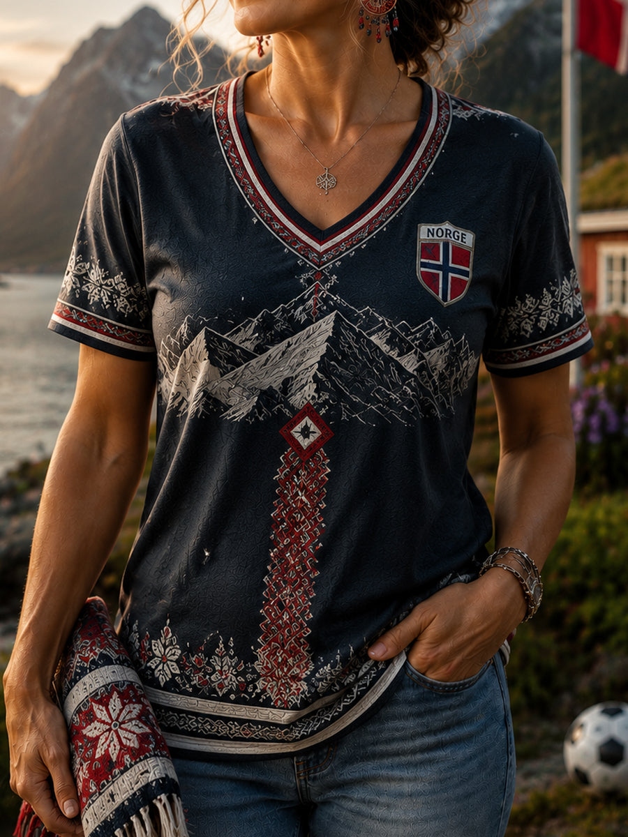 Kvinner Retro Norsk Fjellkunst Casual V-Hack T-shirt