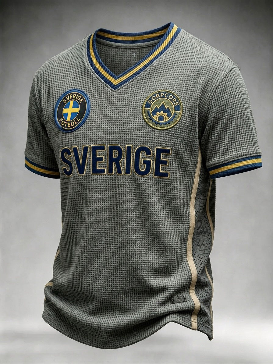 Mäns Retro Sverige Fotboll älskare 2026 Skriv ut Våffle V-hals Kort ärm T-shirt