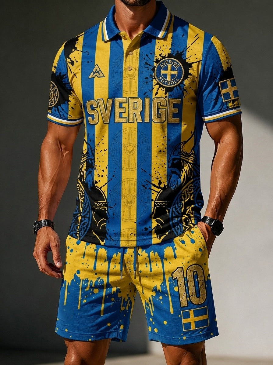 Men's Retro Sverige Fotboll Lover 2026 Skriv ut Casual Polo & Shorts Set