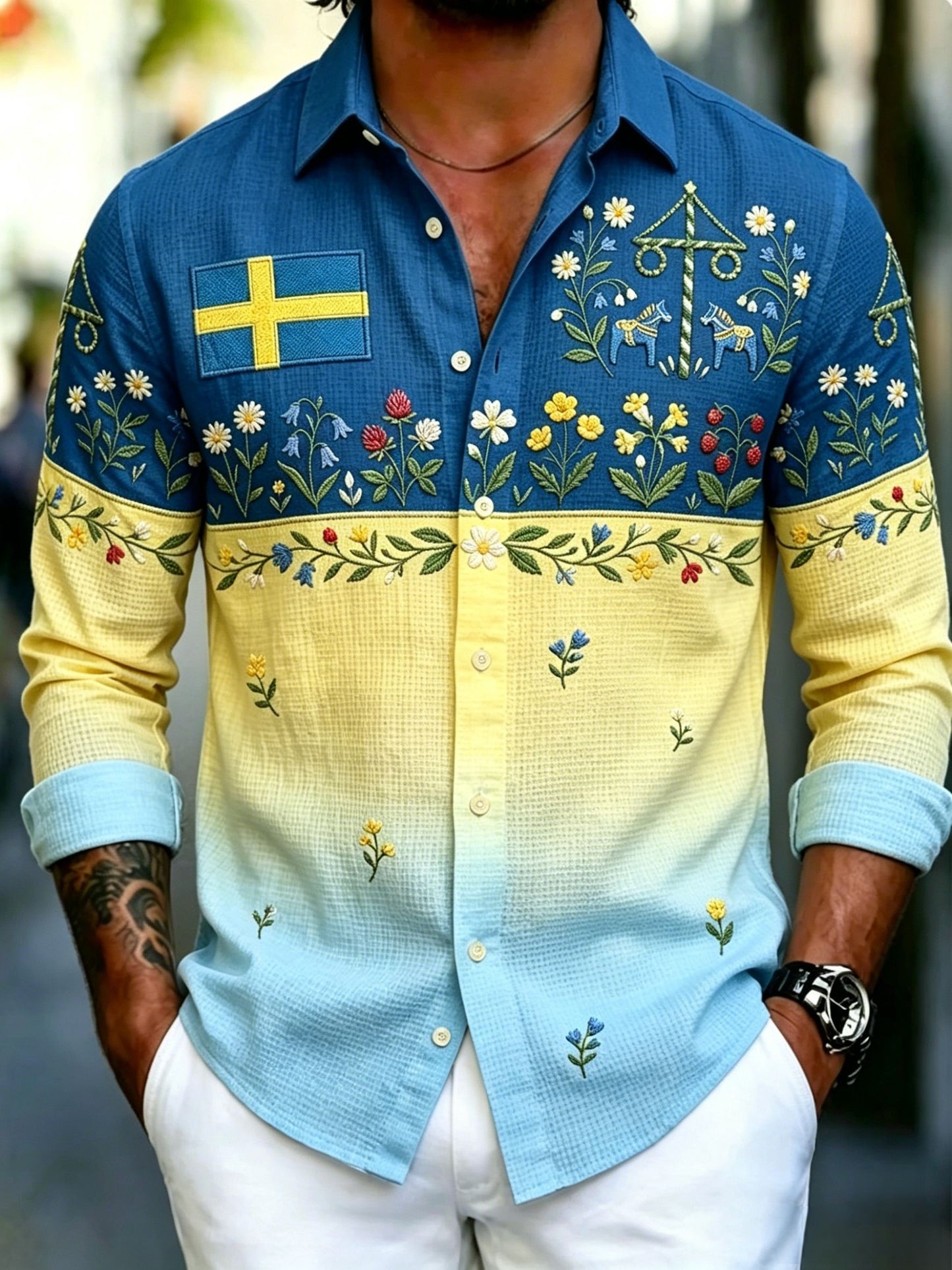 Mäns svenska midsommarparti Konst Skriv ut våffel Långa ärmskjort