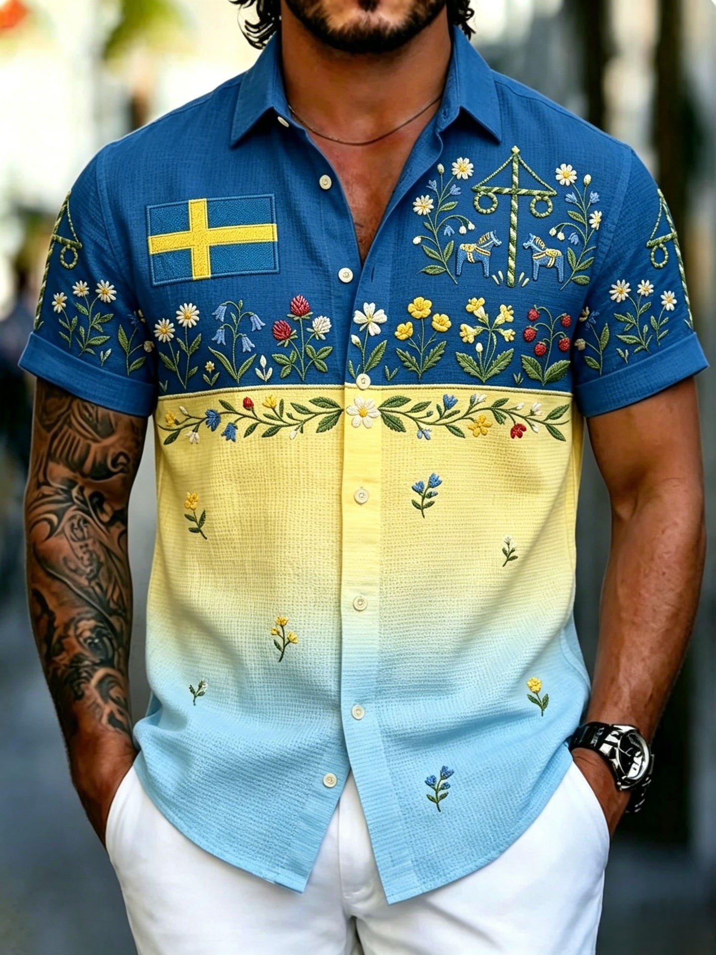 Mäns svenska midsommarparti Konst Skriv ut våffel Kort ärm skjorta