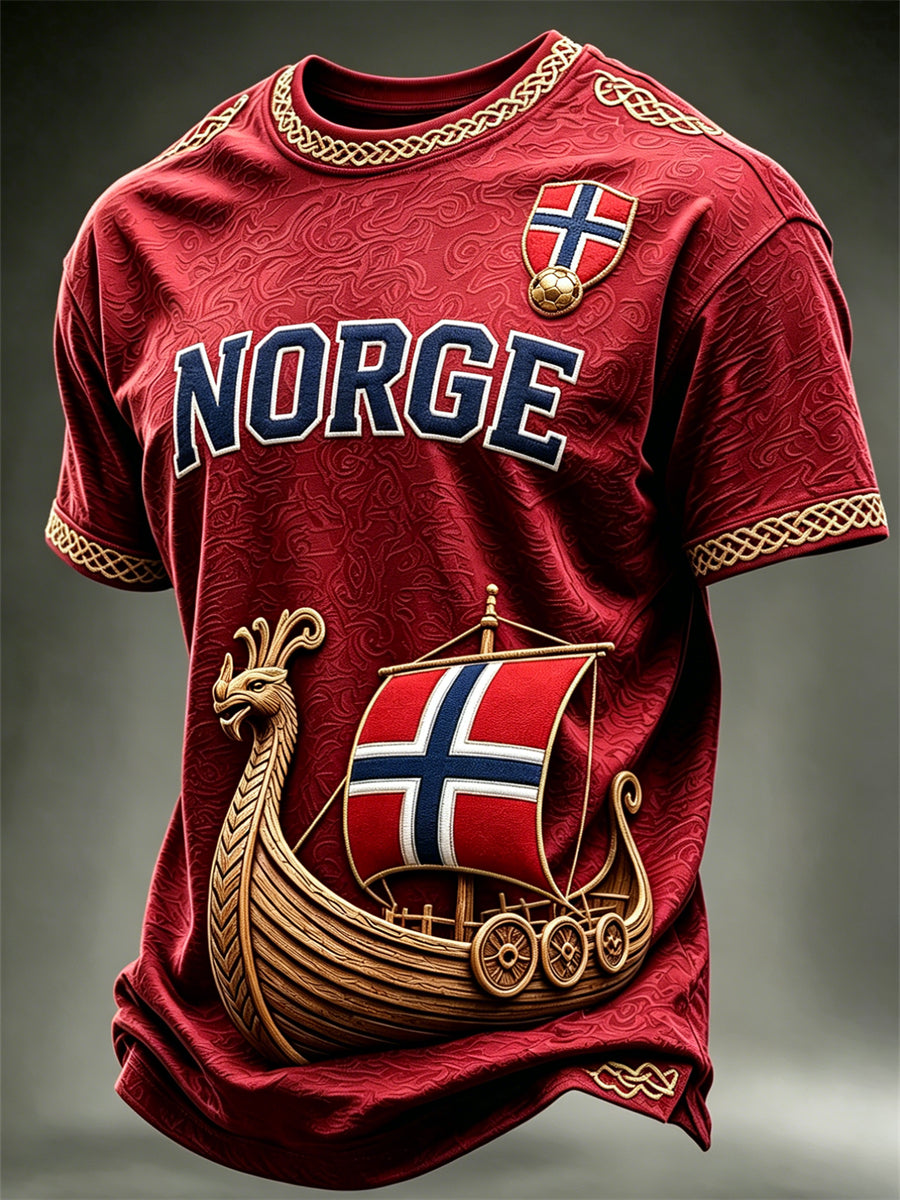 Menns Norge Viking skip Norge Fotball og flagg kunst Skriv ut korte ermer t-skjorte