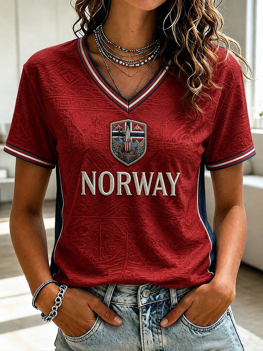 Kvinnerfotball Trykt V-hals T-skjorte